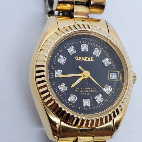 VTG‎ GENEVE Women\'s Watch 25MM Gold Case Bracelet Black Dial Date 7\